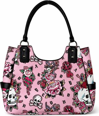 Ed Hardy White Tote Shoulder Bag with Skull and Rose Design, Pink