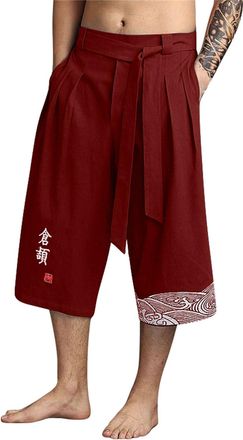 Generic Mens Japanese Traditonal Cropped Trousers Baggy Relaxed-Fit Wide Leg Palazzo Beach Pants Kimono Linen Capri Pants Harem Trousers