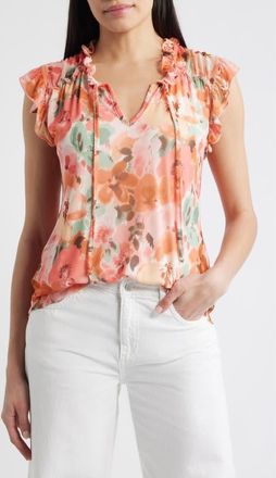 Loveappella Floral Ruffle Trim Split Neck Top in Blush at Nordstrom, Size Medium