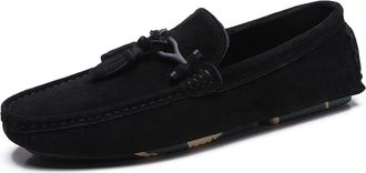 Generic Mens Loafers Shoes Tassel Suede Vamp Genuine Leather Stitching Details Round Toe Flat Heel Comfortable Resistant Party Casual Slip On(Black,8.5 UK)