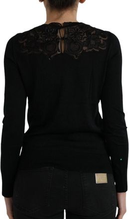 Dolce & Gabbana Womens Black Silk Lace Trim Long Sleeves Blouse Top
