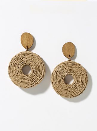 Simons Womens Round wood and raffia earrings