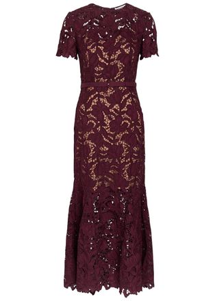 Self Portrait Belted Guipure Lace Midi Dress - Burgundy - 12 (UK12 / M)