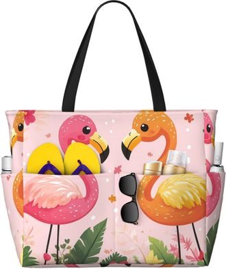 Generic Pink Flamingo Print Large Beach Bag Foldable Travel Shoulder Tote Bag With Pocket For Weekender Pool Vacation