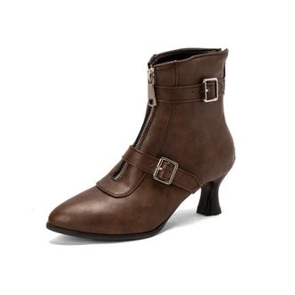 Generic Womens Pointed Toe 5.5cm Kitten Heel Dressy Ankle Boots with Buckle & Zip for Casual,Brown PU,5.5 UK