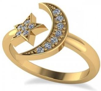 Allurez Crescent Moon and Star Diamond Ring 14k Yellow Gold (0.17ct)