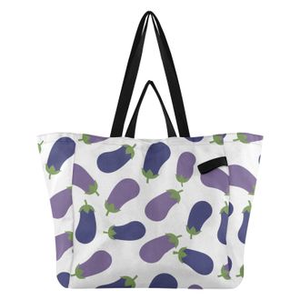Generic Eggplant Vegetable White print Reusable Canvas Tote Bag, Heavy Duty Grocery Shopping Bag with Hard Bottom Double Handles Large Capacity Work Groceries