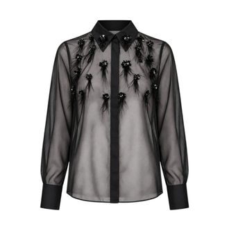 Nenette Camisa Transparente con Adorno de Plumas y Pedrer&iacute;a - Blouses & Shirts - Mujer - Negro - XL