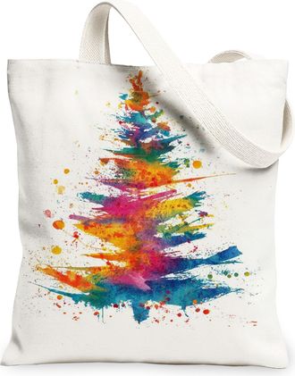 Generic Colorful Tree Canvas Tote Bags, Floral Pattern Reusable Grocery Bags, Holiday Lightweight Washable Shoulder Strap Canvas Fo, White, 13x15 Inch