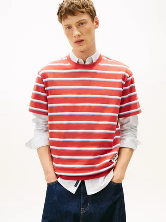 Tommy Jeans T-Shirt TOMMY JEANS TJM LABEL, Herren, Gr. XXL, terracotta rot stripe, Single Jersey, Obermaterial: 100% Baumwolle, gestreift, relaxed fit normal, Run