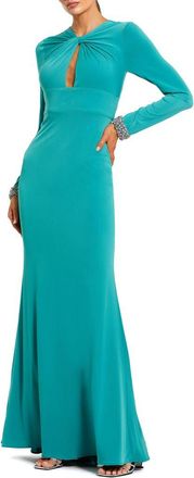 Mac Duggal Jersey Long Sleeve Twist Neck Evening Gown in Teal at Nordstrom, Size X-Small