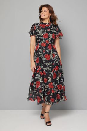 Wallis Womens Floral Burn Out Ruffle Midi Dress - Black - Size 20 UK