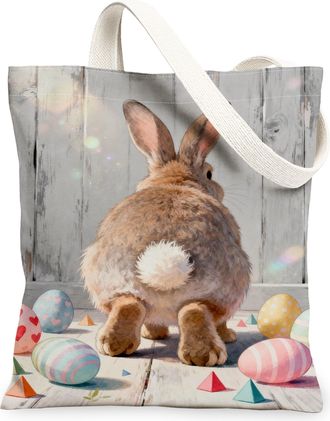 Generic Easter Rabbit Canvas Tote Bags, Cute Bunny Design Lightweight Reusable Shopping Bags, Spring Floral Pattern Washable Should, Gray, 13x15 Inch