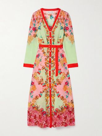 Saloni Abito Maxi In Cr&ecirc;pe De Chine Di Seta Floreale Con Cintura Lea - Rosso