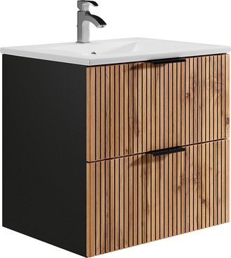 Vente-Unique Mueble de baño suspendido con lavabo encastrado - Natural claro y negro - 60 cm - MADELA