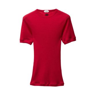 Versace T-Shirts, female, Red, Size: L Embroidered Ribbed Wool T-shirt