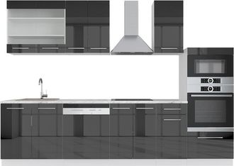 Vicco Mueble De Cocina Fame-line, Antracita Brillo Intenso/blanco, 300 Cm Con Armario Alto, Et M&aacute;rmol