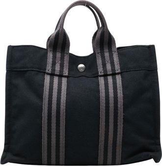 Herm&egrave;s Black Gray Canvas Handbag Tote Bag (Pre-Owned)