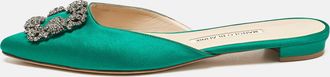 Manolo Blahnik Green Satin Hangisi Crystal Embellished Flat Mules