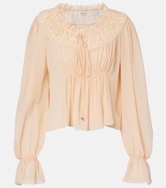 Chloé Shirred cropped lace-trimmed silk blouse
