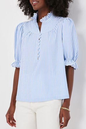 Azura Exchange Womens Striped Buttondown Ruffle Collar Top - Light Blue - Size X-Large