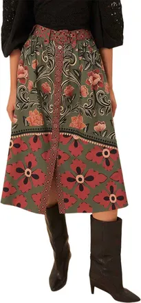 Farm Rio Farm Rio Arabesque Floral Green Buttons Midi Skirt