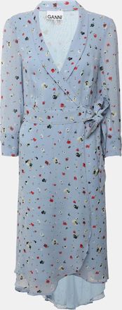 Ganni Ganni Blue Multicolor Printed Knit Wrap Dress
