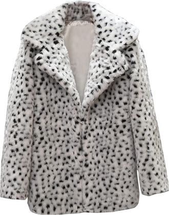 Generic Orbgons Oversize Fuzzy Jacket Sleeve Lapel Mid-length Sexy Leopard Print Faux Coat Womens Zip up Fleece Hoodie (White, M)
