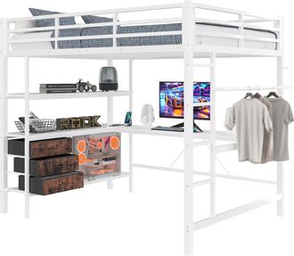 STILVORA Cama Alta Doble 140 X 200 Cm Con Led, Escritorio, Usb, 3 Cajones Y Estante, Sin Colch&oacute;n, Blanco