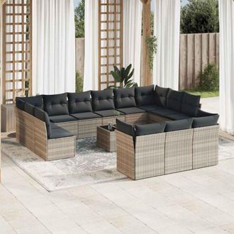 vidaXL Set Sof&aacute;s Jard&iacute;n 14 Pzas Con Cojines Rat&aacute;n Sint&eacute;tico Gris Claro Vidaxl