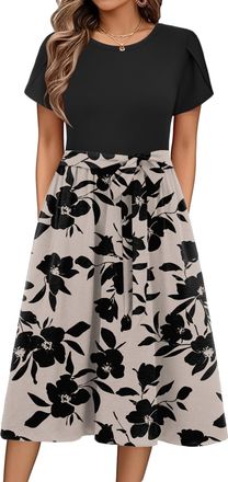 Zeagoo Womens Summer Dress Casual Floral Sundress Petal Short Sleeve Round Neck Midi Dresses Wrap Swing Beach Dress with Pockets Floral-E L