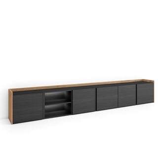 Skraut Home Skraut Home - Mueble Tv, Televisi&oacute;n, Muebles De Sal&oacute;n, Almacenaje, 309x35x50cm, Para Tv Hasta 80, Led, Estilo Moderno, Negro Y Roble