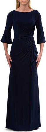 La Femme Simple Evening Dress with Three Quarter Bell Sleeve and High Neckline in Navy at Nordstrom, Size 8