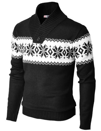 H2H Mens Casual Slim Fit Shawl Collar Jumper Pullover Sweater With Snowflake Pattern BLACK EU S/Asia M (KMOSWL0102)