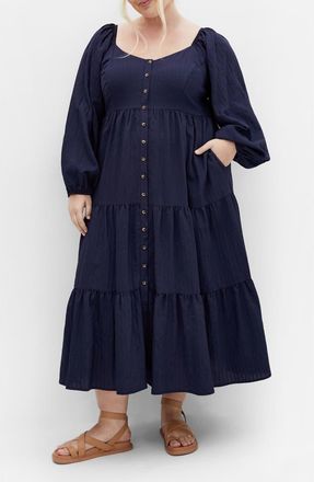 City Chic Tiana Long Sleeve Tiered Midi Dress in Navy at Nordstrom, Size Xxs