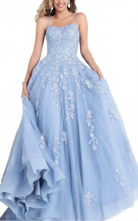 Jovani Spaghetti Strap Embroidered Prom Gown In Light Blue