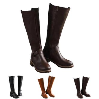 Generic Womens Winter Long Boots, Low Heel Casual Round Toe Knee High Long Boots, Western Buckle Shoes with Side Zipper for Daily Wear (Brown,6.5)