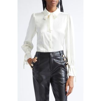 Cinq &agrave; Sept Troyer Tie Neck Silk Button-Up Shirt in Ivory at Nordstrom, Size Xx-Small