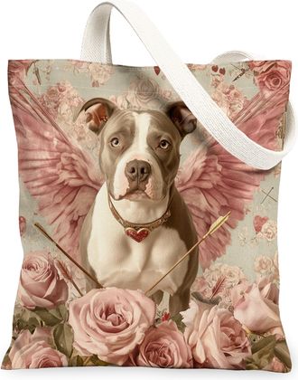 Generic Valentines Day Rottweilers Dog Canvas Tote Bag for Shopping 13x15, Vintage Puppy Reusable Grocery Print Bag for Women, Retro Pet Beach Aesthetic Paint