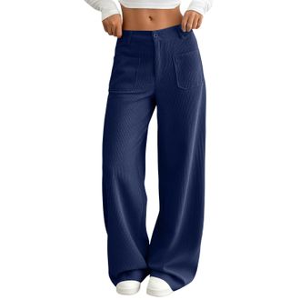 Generic Womens High Waist Wide Leg Pants Solid Colour Straight Fit Long Trousers with Front Pockets Button Closure Casual Everyday Style