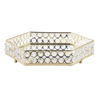 Beliani Bandeja Decorativa De Vidrio Espejado Hierro Dorado Pedrer&iacute;a Hexagonal Glamuroso