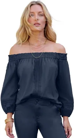 Roaman's Plus Size Lace Off The Shoulder Blouson Sleeve Tunic in Navy at Nordstrom, Size 40