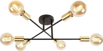 QAZQA Qazqa Industrial Plaf&oacute;n Inteligente Negro Con Dorado 6 Luces Con Wifi G95 - Sydney Acero Redonda Adecuado Para Led Max. 6 X 4.9 Watt