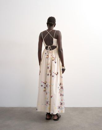 Topshop Vestito lungo voluminoso in popeline con stampa a mosaico e fascette sul retro-Neutro