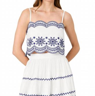 French Connection Alissa Cotton Embroidered Strappy Top In White Electric Blue