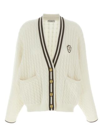 Brunello Cucinelli cable-knit logo-patch cardigan - women - Cashmere - 3XL - White