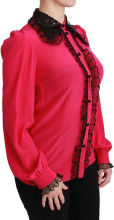 Dolce & Gabbana Pink Silk Black Sequin Lace Shirt Womens Blouse
