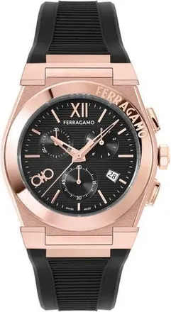 Ferragamo Vega Chronograph Silicone Strap Watch, 42mm in Ip Rose Gold at Nordstrom Rack