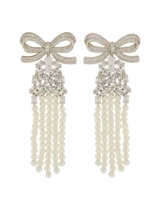 Self Portrait Drop Earrings With Delicate Bow And Pearl Strands
