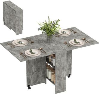 HOMCOM Homcom Mesa Plegable De Comedor Mesa De Cocina Plegable Con Ruedas Alas Abatibles Y Estantes Mesa Plegable Para 4-6 Personas 75x140x74 Cm Gris Cemento
